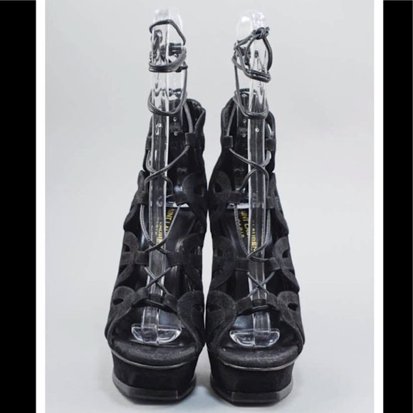 Saint Laurent Black Tribute Ghillie Suede Lace Up Sandals Heels Size 36 - Picture 3 of 16